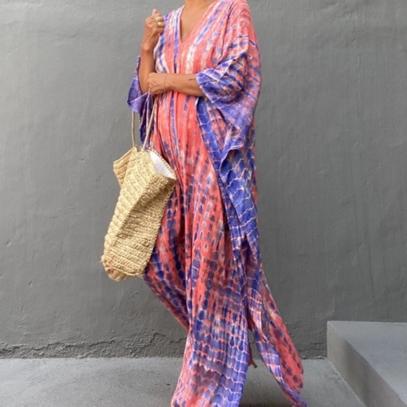 Pink Boho Tie Dye Kaftan Kimono Coverup Dress - Picture 3 of 5